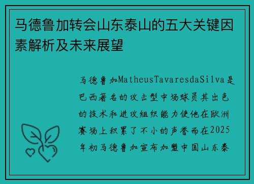 马德鲁加转会山东泰山的五大关键因素解析及未来展望
