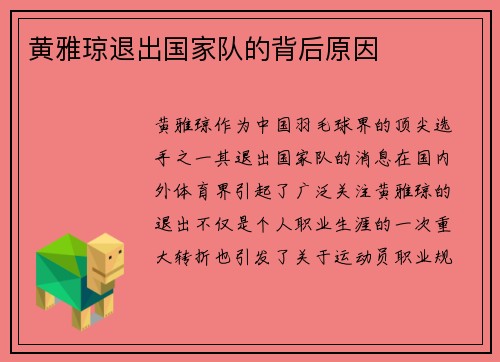 黄雅琼退出国家队的背后原因
